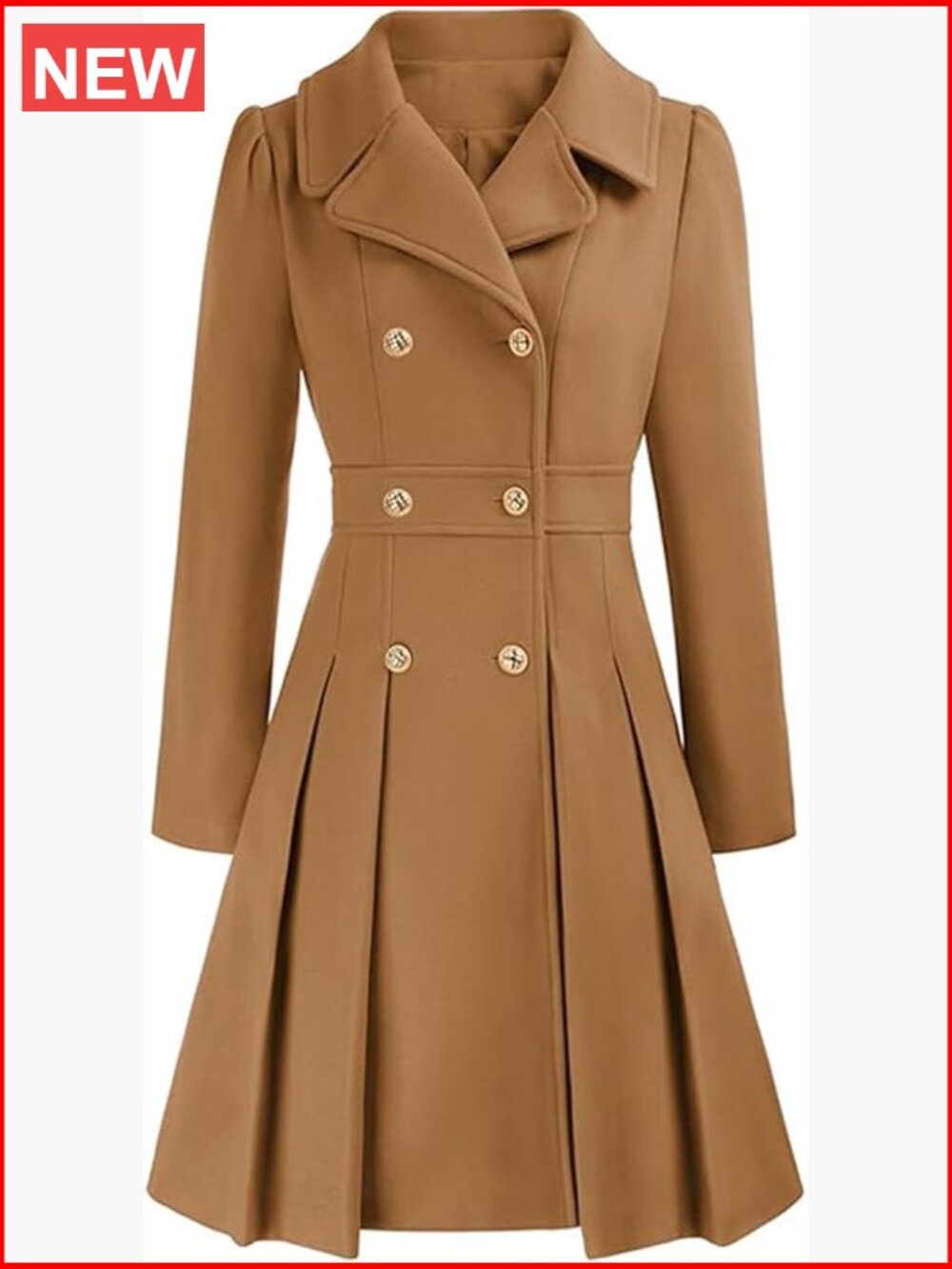 Double Breasted Pea Coat Notch Lapel A-Line Flared Pleated Wool Blend with - Picture 1 of 5